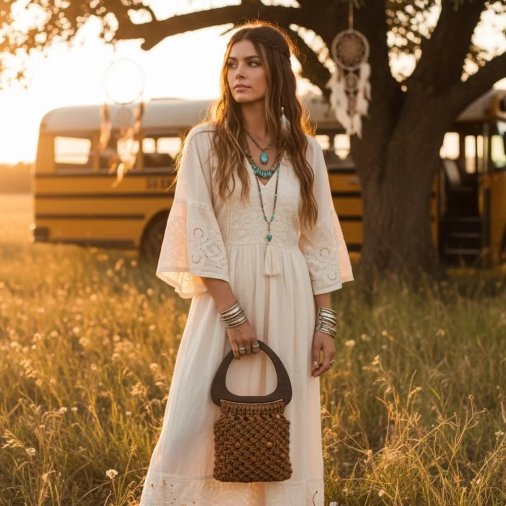 Vintage Boho Macrame Beaded Natural Wood Handbag